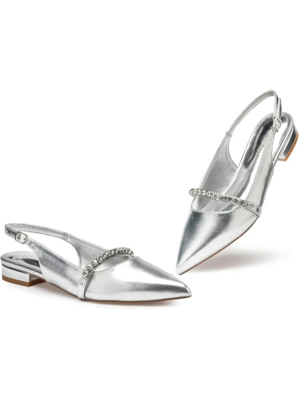 Women's Sliver Leather Slingback Flat Rhinestone Closed Pointed Toe Dressy Shoes